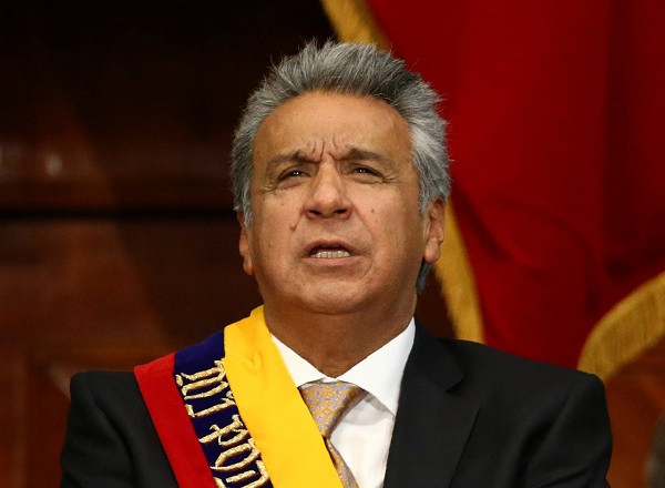 Ecuador's President Lenin Moreno sings the national anthem during his inauguration ceremony at the National Assembly in Quito